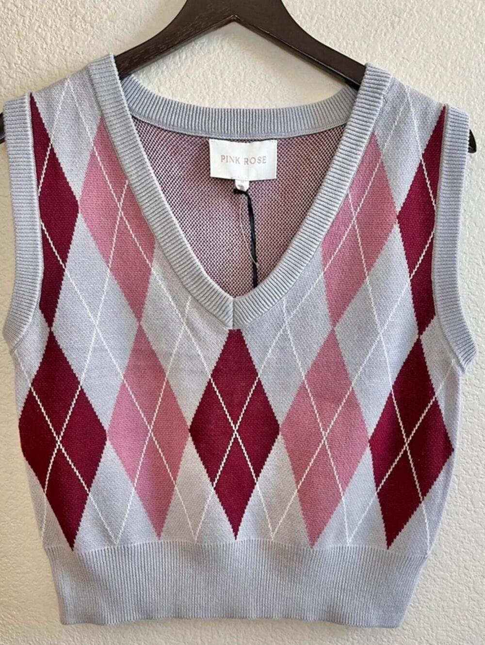 Pink rose pink and grey Argyle Sweater Vest top